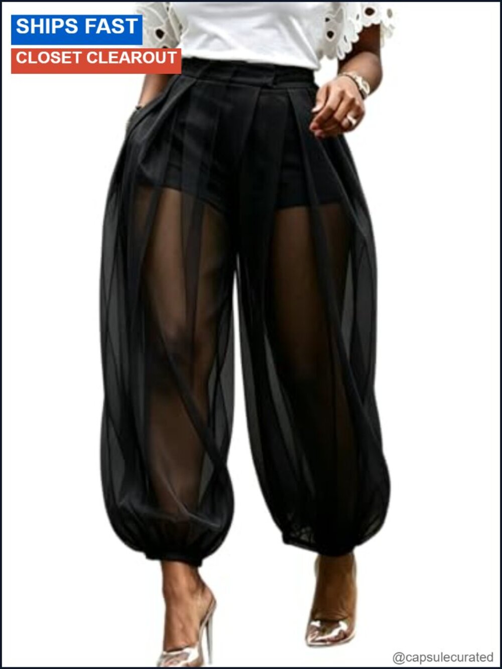 Women's Sheer Mesh Wide Leg Balloon Pants with Built-In Shorts High Waist